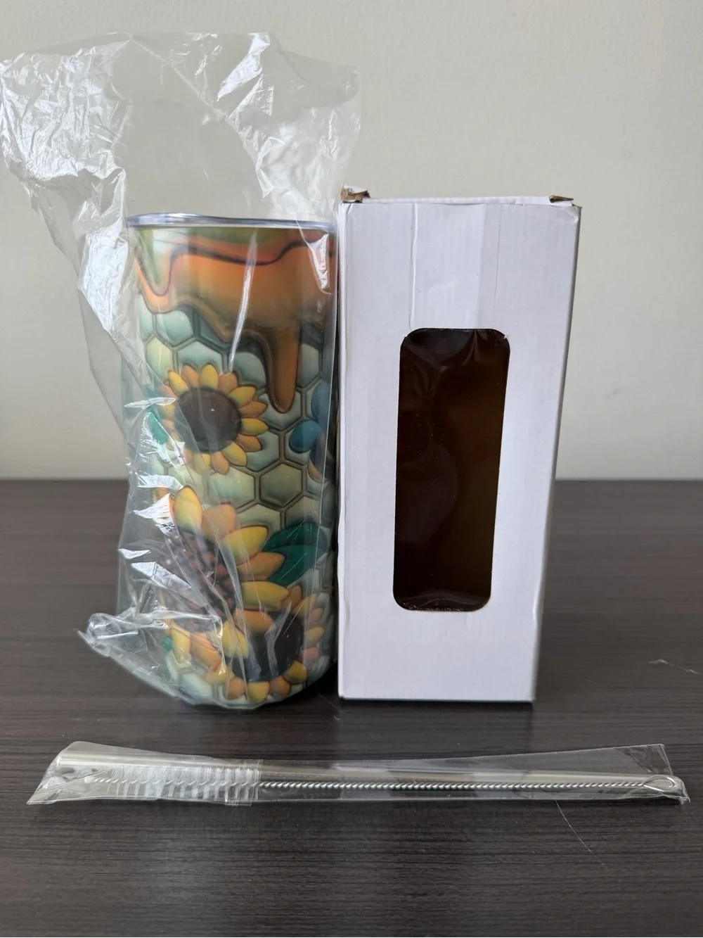 ZONEGRACE 20 oz Stainless Steel Skinny Tumbler Bee Happy Sunflower Straw Brush